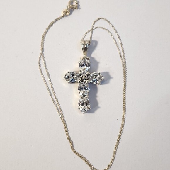 Vintage 80's 925 Cross White Zircon / CZ  with 925 Italy Chain 16.5" - Picture 10 of 11